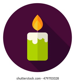 Candle Fire Circle Icon. Flat Design Vector Illustration with Long Shadow. Witch Halloween Symbol.