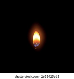 Candle fire flame 3D vector illustration. Realistic flare texture on black background. Closeup candlelight, hot symbol. Small romantic glow flare in night. Memorial or celebration event decoration