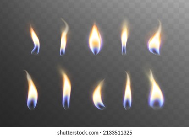 Candle fire flame lights different shaped collection on dark transparent background. Set of burning bright flames or glowing flares. Vector realistic candlelight element design for birthday.