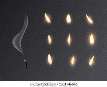 Llama el fuego de las velas. Quema de velas realista, extinguida con luz de velas en 3d de humo y colección de varias llamas para la imagen de animación, vector de cierre aislado en fondo transparente