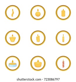 Candle fire icons set. Cartoon style set of 9 candle fire vector icons for web design