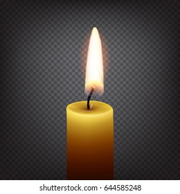 Candle with fire isolated on transparent background. Vector realistic illustration.