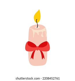 Candle with fire on white background. Candle with a red bow. Hand drawn Candle design in flat colored style, vector illustration eps10