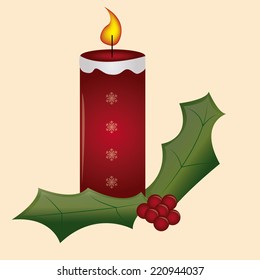 a candle with fire, a pair of leaves and cherries for christmas