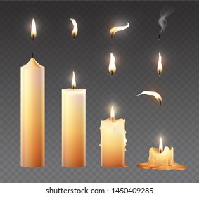Candle Fire Set. Realistic Burning Wax Candles For Animation. Vector Illustration Isolated On Transparent Background.