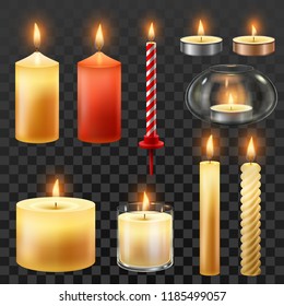 Candle fire. Wax candles for xmas party, romantic heat candlelight flame and lit flaming nightlight in glass. Flames for birthday cake or hanukkah decoration, isolated vector symbol set