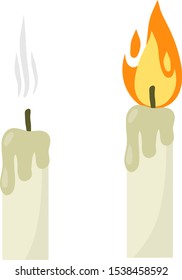 Candle with fire. Wax object for lighting. Element of a new year, religion and villages. Cartoon flat illustration. flame with wick. smoke of extinguished object.
