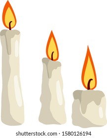 Candle with fire. Wax object for lighting. Cartoon flat illustration. Element of new year, religion and villages. flame with wick.