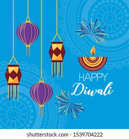 candle fireworks lantern happy diwali festival poster vector illustration