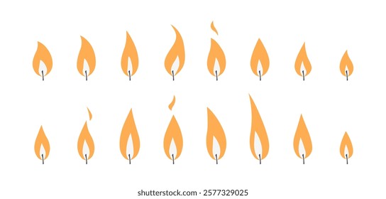 Candle flame animation. Fire vector icons. Symbols of burning candlelight, sprite sheet for videos or GIFs. Set of simple silhouettes. Illustration isolated on white background in flat style.