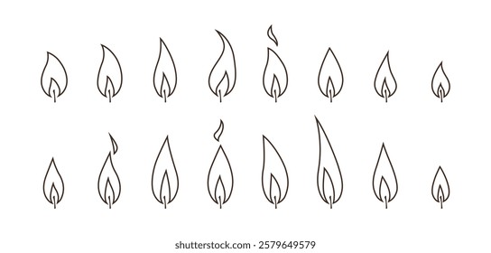 Candle flame animation. Fire vector icons. Symbols of burning candlelight, sprite sheet for videos or GIFs. Set of different black line signs. Illustration isolated on white background in flat style.