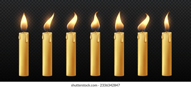 Candle flame for animation set. Candelights with fire on copy space. Religion and holy ritual, ceremony. Template, layout and mock up. Realistic 3D vector collection isolated on transparent background