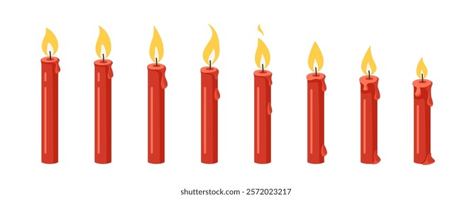 Candle flame for animation. Vector cartoon fire burning. Animated candlelight sprite sheet. Sequence of red wax flickering candlesticks for games, videos. Set of different icons on white background.