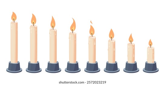 Candle flame for animation. Vector cartoon fire burning. Animated candlelight sprite sheet. Sequence of wax flickering candlesticks for games, videos, GIFs. Set of different icons on white background.