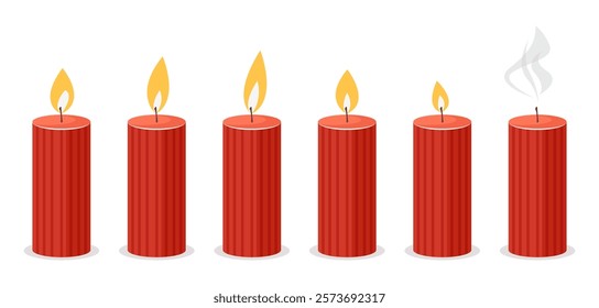 Candle flame for animation. Vector cartoon fire burning. Animated candlelight sprite sheet. Sequence of red wax flickering candlesticks for games, videos. Set of different icons on white background.