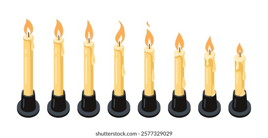 Candle flame for animation. Vector cartoon fire burning. Animated candlelight sprite sheet. Sequence of wax flickering candlesticks for games, videos. Set of different icons on white background.