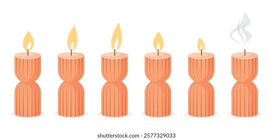 Candle flame for animation. Vector cartoon fire burning. Animated candlelight sprite sheet. Sequence of wax flickering decorative candles for games, videos. Set of different icons on white background.