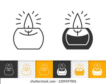 Candle flame black linear and glyph icons. Thin line church decoration sign. Memorial fire outline pictogram isolated on white background. Vector icon shape of prayer candlelight simple symbol closeup