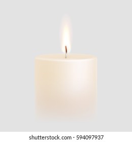 Candle flame burning on vector white background. 3D realistic isolated scented paraffin wax candle light