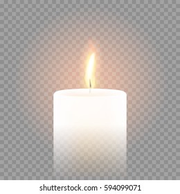 Candle flame burning on vector transparent background. 3D realistic isolated white scented paraffin wax candle light