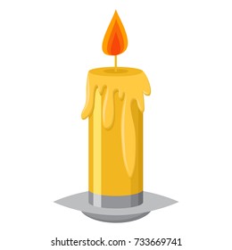 Candle with flame in a candlestick and melting wax vector cartoon icon isolated on white background.