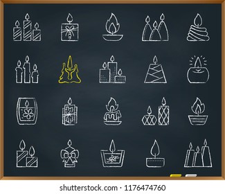 Candle Flame chalk icons set. Outline sign kit church decoration. Memorial Fire linear icon wax, candlelight, light. Hand drawn pastel crayon simple candle flame symbol chalkboard vector Illustration