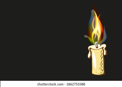Candle flame close up on a dark, darkness,  black background burning candle from paraffin wax for your design, vector illustration