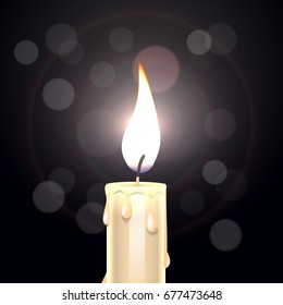 Candle flame closeup on black background. Lens flare effect. Vector illustration