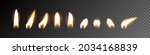 Candle flame, fire of candlelight set vector illustration. Realistic flame light on wick of candlestick, small romantic glow flare in night, collection isolated on transparent black background
