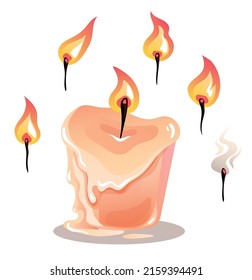 Candle flame fire different variations isolated set collection. Vector flat cartoon graphic design illustration