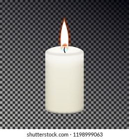 Candle flame fire isolated on checkered background, Memorial fire, light sign. Realistic yellow candle with flame effect for Christmas, birthday, church. Vector illustration.