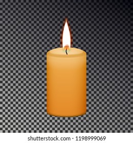 Candle flame fire isolated on checkered background, Memorial fire, light sign. Realistic yellow candle with flame effect for Christmas, birthday, church. Vector illustration.