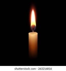 Candle Flame Fire Light Isolated on Black Background. Realistic Vector Illustration