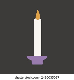 Candle with flame in holder vector illustration. Burning long white candle on dark background. Candlelight, symbol of hope and remembrance. Retro light equipment