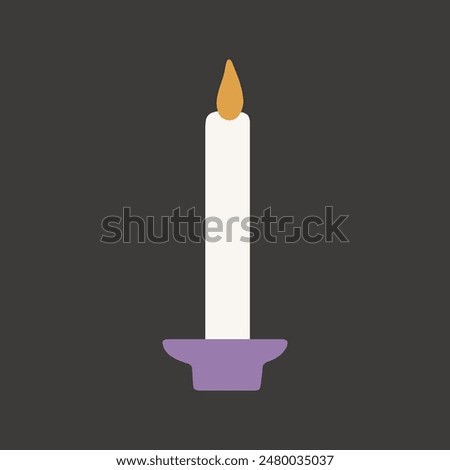 Candle with flame in holder vector illustration. Burning long white candle on dark background. Candlelight, symbol of hope and remembrance. Retro light equipment