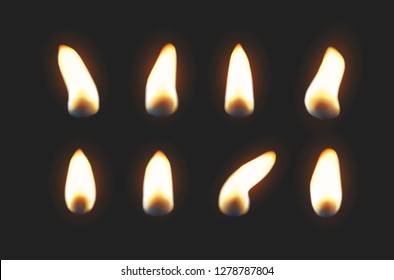 Candle flame lights isolated on black background. Set of burning fire flame. Vector realistic candlelight elements design.