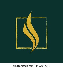Candle flame logo in a frame.Brush stroke fire vector illustration isolated on dark green background.