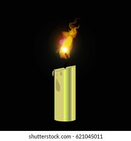 Candle with a flame on black background. Vector illustration.