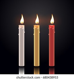 candle flame realistic set on black background vector illustration