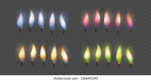 Candle flame set isolated over transparent background in different color variations