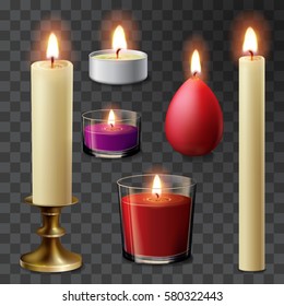 Candle flame set realistic vector illustration on transparent isolated background