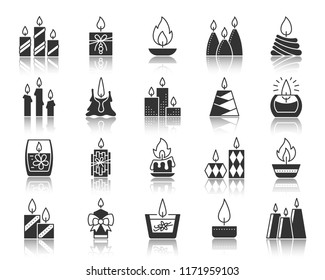 Candle Flame Silhouette Icons Set. Monochrome Sign Kit Church Decoration. Memorial Fire Pictogram Home Cozy, Party Decor, Glass Jar. Simple Vector Black Symbol. Candle Flame Shape Icon With Reflection