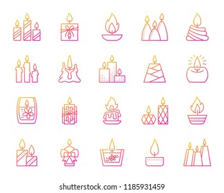 Candle flame thin line icon set. Outline vector sign kit of church decoration. Linear icons of memorial fire, christmas advent, thanksgiving day, aroma therapy. Diwali festival simple symbol isolated
