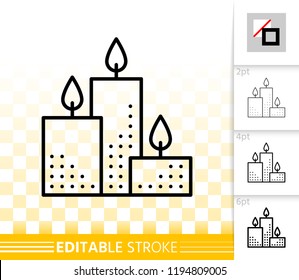 Candle flame thin line icon. Outline sign church decoration. Memorial fire linear pictogram with different stroke width. Simple vector transparent symbol. Candlelight editable stroke icon without fill