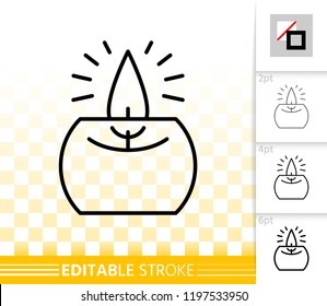 Candle Flame thin line icon. Outline sign of church decoration. Memorial Fire linear pictogram with different stroke width. Simple vector symbol, transparent. Party decor editable stroke without fill