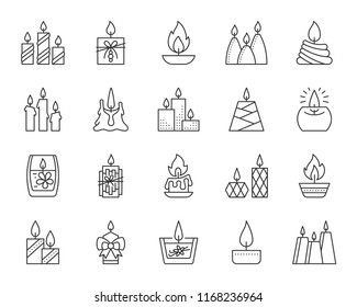 Candle Flame thin line icons set. Outline sign kit of church decoration. Memorial Fire linear icon wax, transparent candlelight. Simple candle flame black contour symbol isolated Vector Illustration