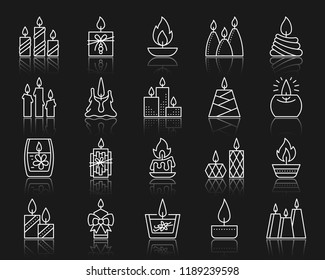 Candle Flame thin line icons set. Outline web sign church decoration kit. Memorial Fire linear icon party decor, romantic night. Simple candle flame white contour symbol reflection Vector Illustration