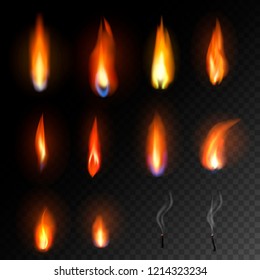 Candle flame vector fired flaming candlelight and flammable fire light illustration fiery flamy set bright burn decoration for celebration isolated on black transparent background