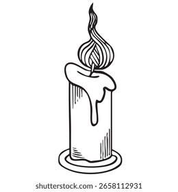 Vela con llama y gotas de cera. Vector dibujado a mano ilustración sobre fondo blanco. Elemento de diseño para tarjetas de felicitación e invitación 