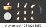 Candle flames. Candlelight fires vector illustration set. Realistic flame light on wick of candlestick, small romantic glow flare in night, collection isolated on transparent background.